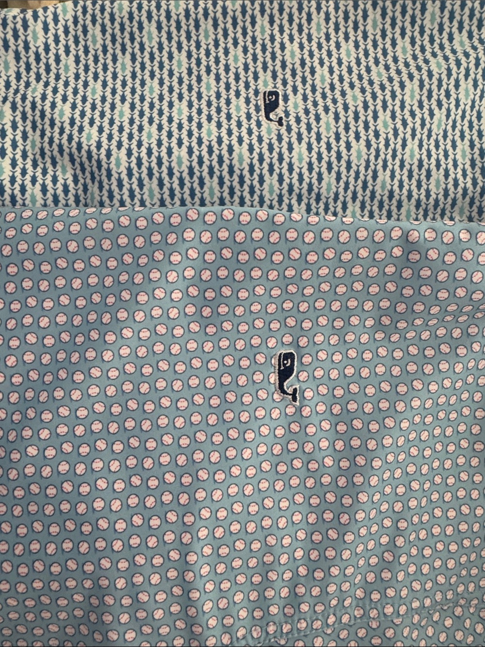 Vineyard Vines Button-Down Shirt w/ White & Pink Dot Print & blue fish polo